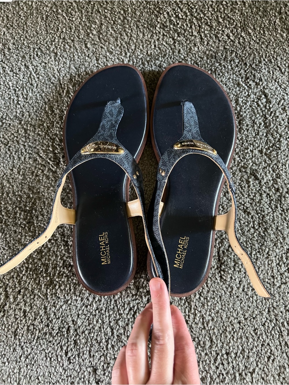 Michael Kors navy blue Signature Logo T-Strap Sandals with Gold Accent - Picture 2 of 4
